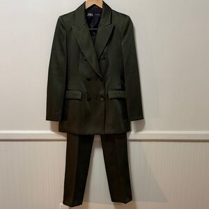 Zara womens Dark Green satin Double-Breasted Suit